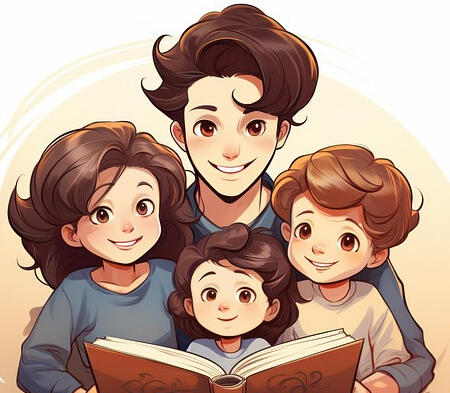 Happy family enjoying reading together Family proud of their children's reading achievements. The happy family is enjoying the positive impact of Cherry On The Cake phonics programme on their children.